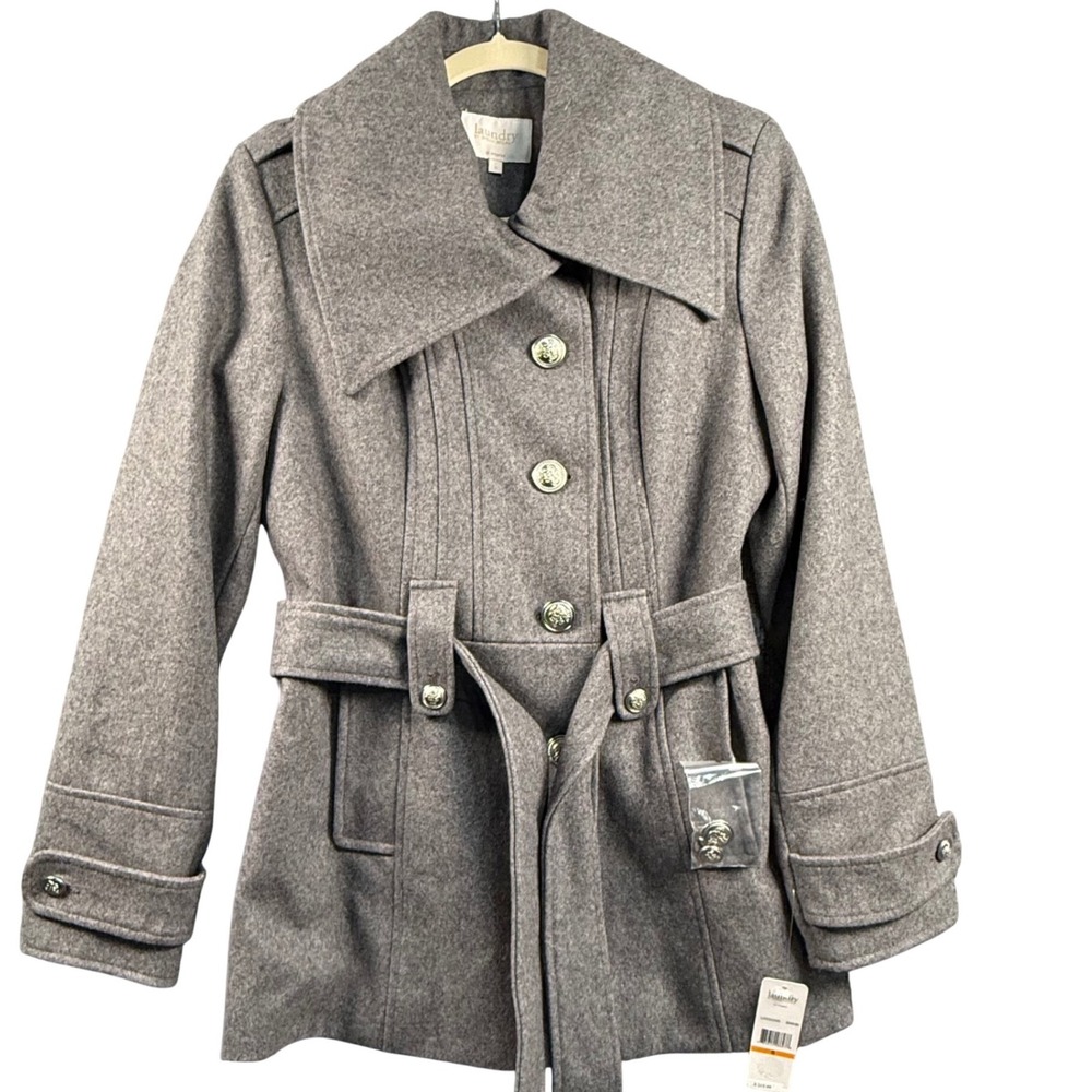 Laundry by Shelli Segal S Grey Wool Blend Belted Peacoat Jacket Silver Buttons
